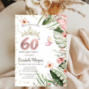 Invitación Flores Tropicales Hojas Diamantes Cumpleaños 60