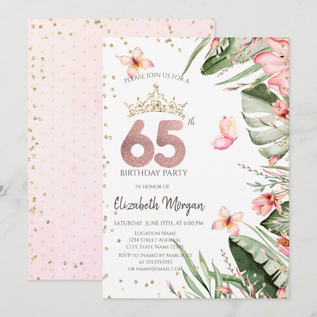 Invitación Flores Tropicales Hojas Diamantes Cumpleaños 65 (Anverso / Reverso)