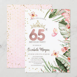 Invitación Flores Tropicales Hojas Diamantes Cumpleaños 65