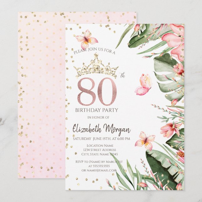 Invitación Flores Tropicales Hojas Diamantes Cumpleaños 80 (Anverso / Reverso)