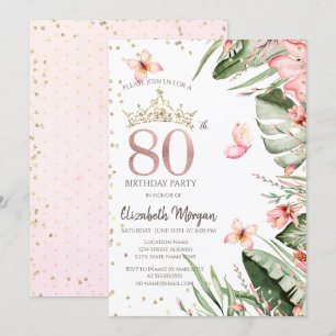 Invitación Flores Tropicales Hojas Diamantes Cumpleaños 80
