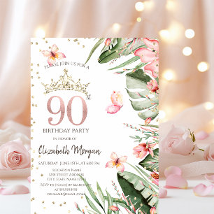 Invitación Flores Tropicales Hojas Diamantes Cumpleaños 90