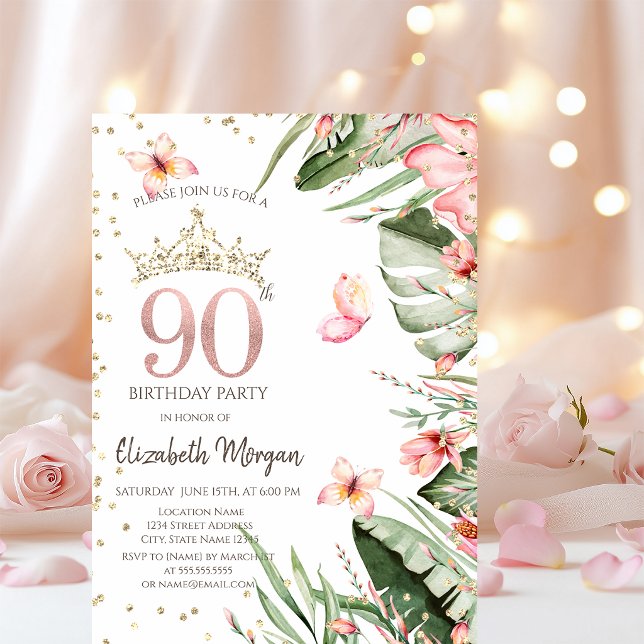 Invitación Flores Tropicales Hojas Diamantes Cumpleaños 90 (Subido por el creador)