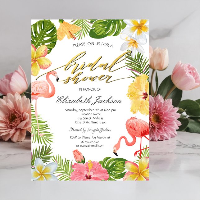 Invitación Flores Tropicales Hojas Flamingos Rosados (Subido por el creador)