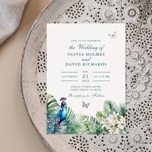 Invitación Flores Tropicales Mariposa Bodas Pavo Real Verde A