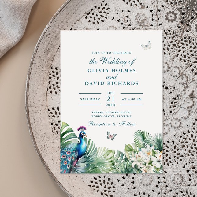 Invitación Flores Tropicales Mariposa Bodas Pavo Real Verde A (Teal Peacock Tropical Flowers Butterfly Wedding Invitation on a boho ceramic plate.)