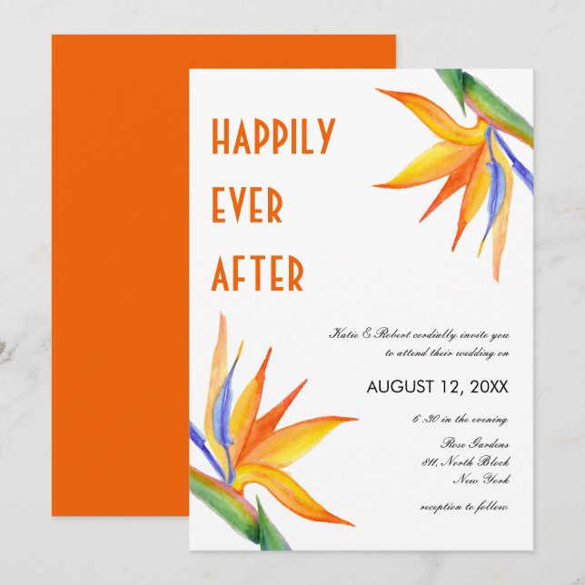 Invitación Flores tropicales Naranja Boda de escritura modern (Anverso / Reverso)
