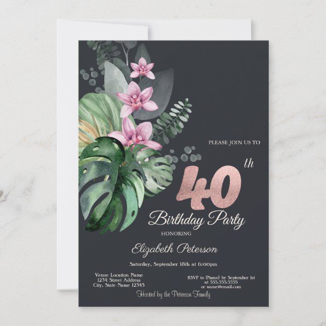 Invitación Flores tropicales oscuras 40 cumpleaños (Anverso)