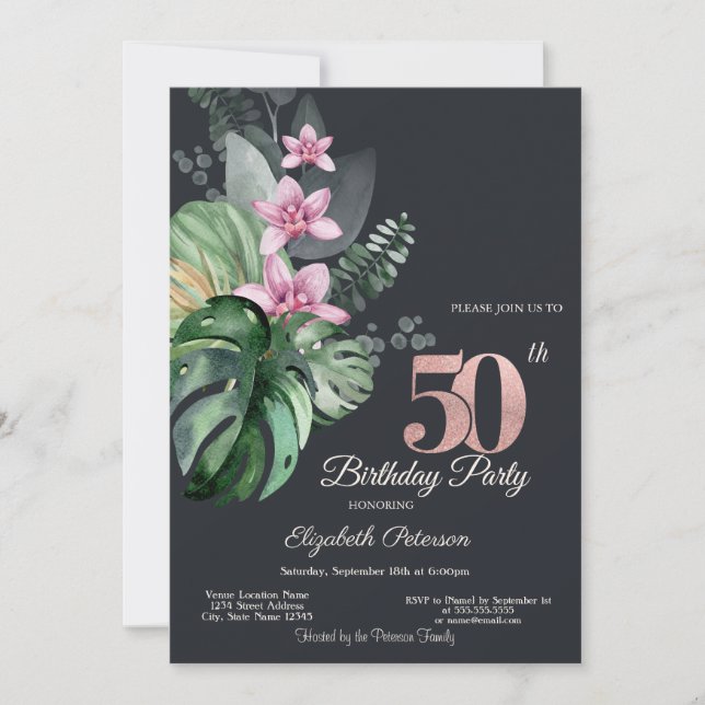 Invitación Flores tropicales oscuras 50 cumpleaños (Anverso)
