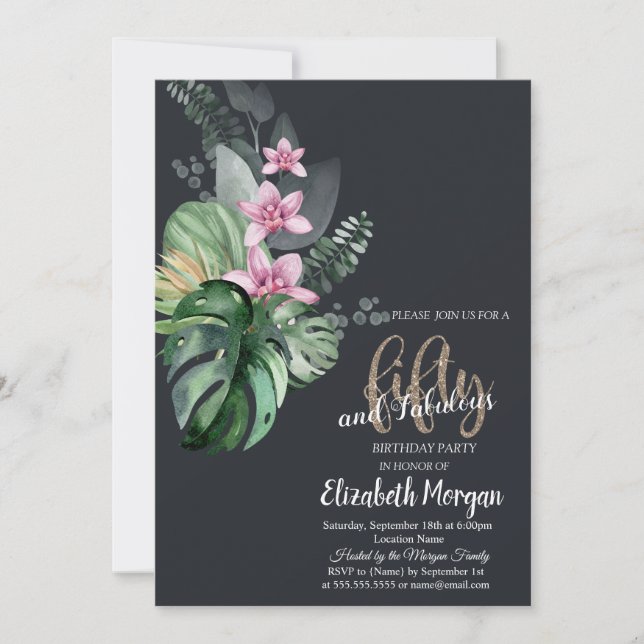 Invitación Flores tropicales oscuras 50 cumpleaños (Anverso)