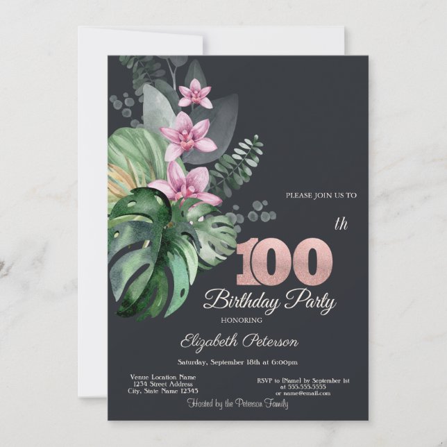 Invitación Flores Tropicales Oscuro Cumpleaños 100 (Anverso)