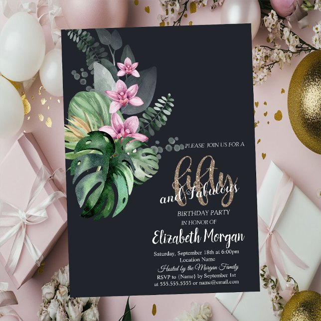 Invitación Flores Tropicales Oscuro Cumpleaños 50 (Subido por el creador)