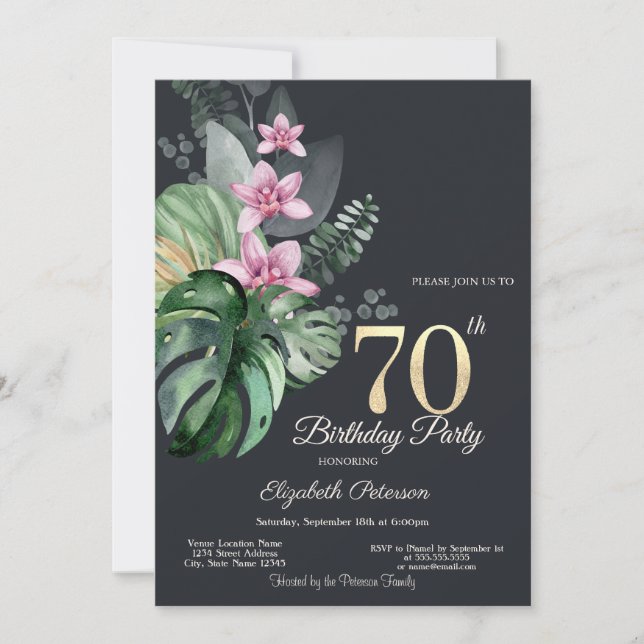 Invitación Flores Tropicales Oscuro Cumpleaños 70 (Anverso)