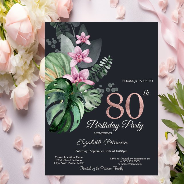Invitación Flores Tropicales Oscuro Cumpleaños 80 (Subido por el creador)