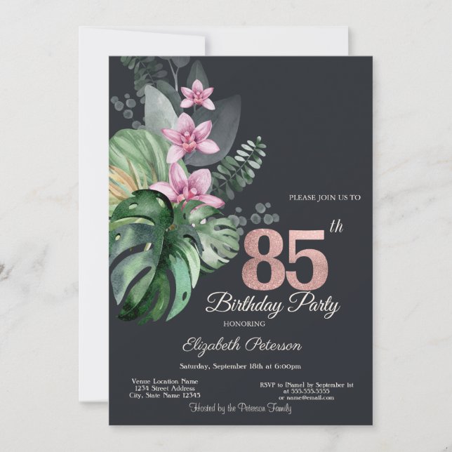 Invitación Flores Tropicales Oscuro Cumpleaños 85 (Anverso)