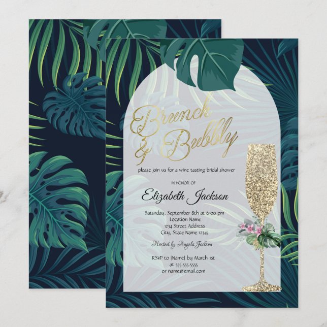 Invitación Flores tropicales Palm deja vidrio oscuro de champ (Anverso / Reverso)