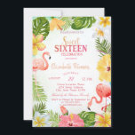Invitación Flores tropicales Palm Flamingos Dulce 16 Fiesta<br><div class="desc">Flores tropicales con hojas de palma y flamencos. Esta invitación se personaliza fácilmente para su evento simplemente añadiendo sus detalles.</div>