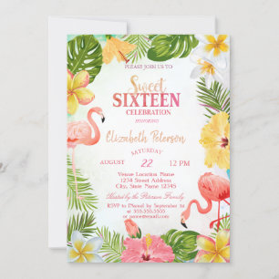 Invitación Flores tropicales Palm Flamingos Dulce 16 Fiesta