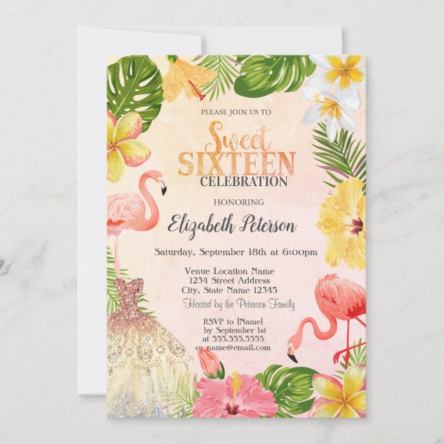 Invitación Flores tropicales Palm Flamingos Vestido Dulce 16 (Anverso)
