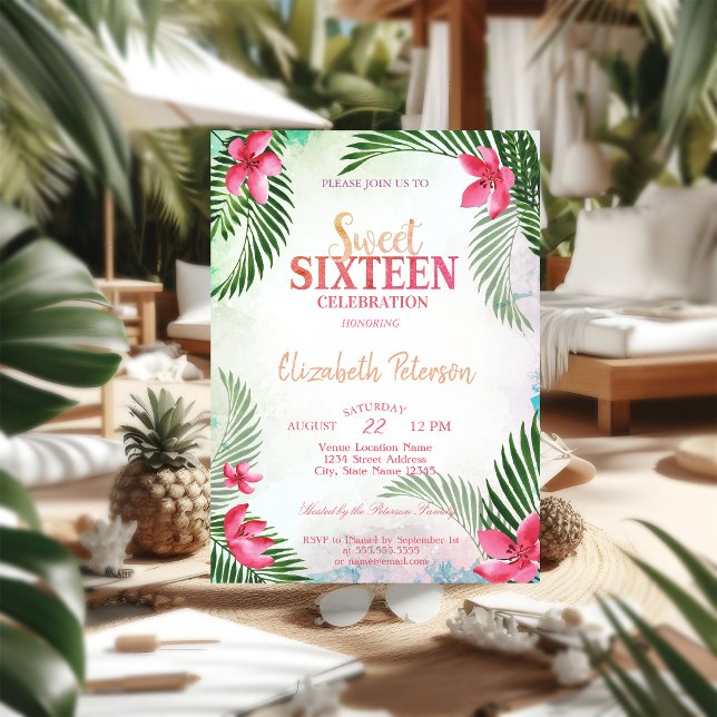 Invitación Flores tropicales Palm Leaves Verano Dulce 16 Fies (Subido por el creador)