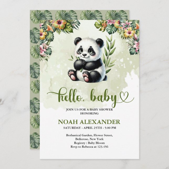 Invitación Flores tropicales panda bebé acuarela (Anverso / Reverso)