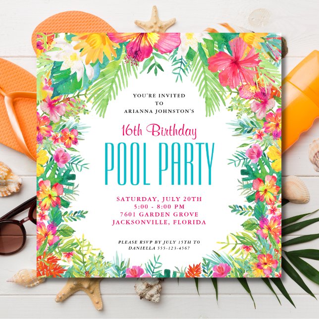 Invitación Flores tropicales Piscina Fiesta Cumpleaños (Subido por el creador)
