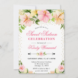Invitación Flores Tropicales Rosa Acuarela Cumpleaños Diecisé