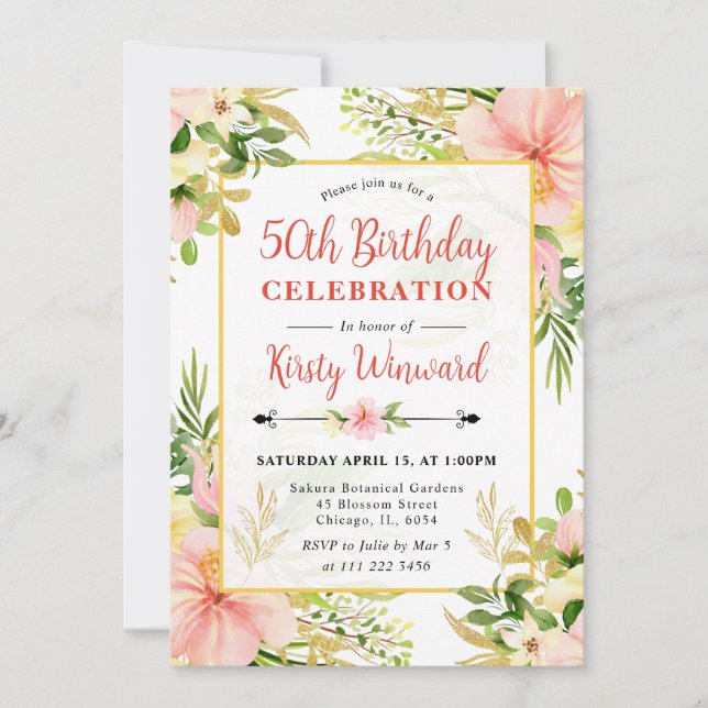 Invitación Flores Tropicales Rosadas Acuarela Cumpleaños 50 (Anverso)