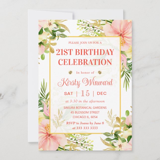 Invitación Flores Tropicales Rosadas Aquarela Cumpleaños (Anverso)
