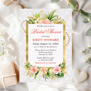 Invitación Flores Tropicales Rosadas Papel de Oro Regaderazo 