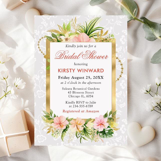 Invitación Flores Tropicales Rosadas Papel de Oro Regaderazo  (Subido por el creador)