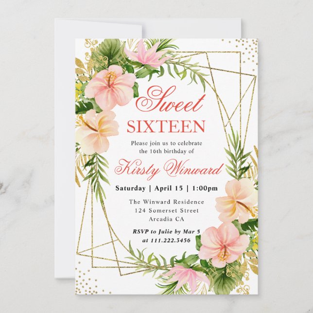 Invitación Flores tropicales rosadas y marcos dorados dulces  (Anverso)