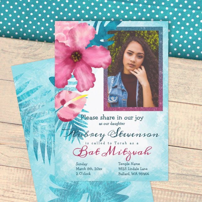 Invitación Flores tropicales rosas, turquesas, bat Mitzvah (tropical teal and pink bat mitzvah invitation, hibiscus flower, 12th birthday party invitation)