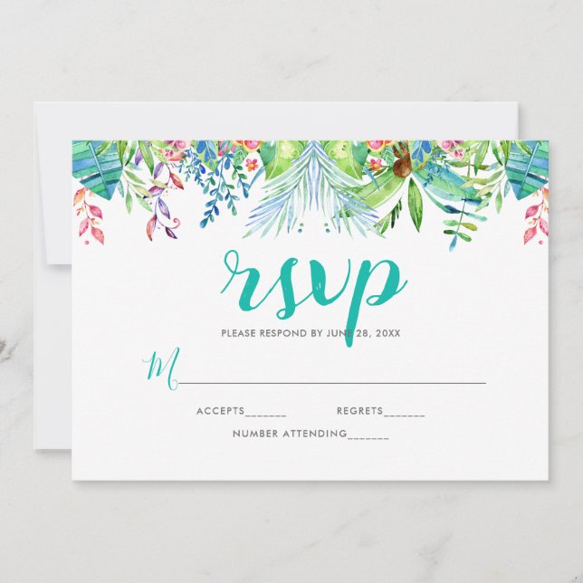 Invitación Flores tropicales RSVP y tipografía moderna (Anverso)
