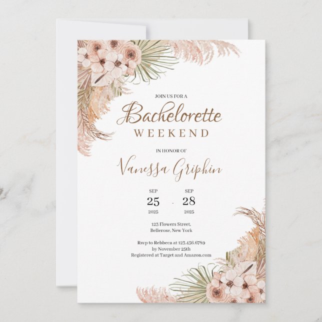 Invitación Flores tropicales secas Pampas Grass Bachelorette (Anverso)
