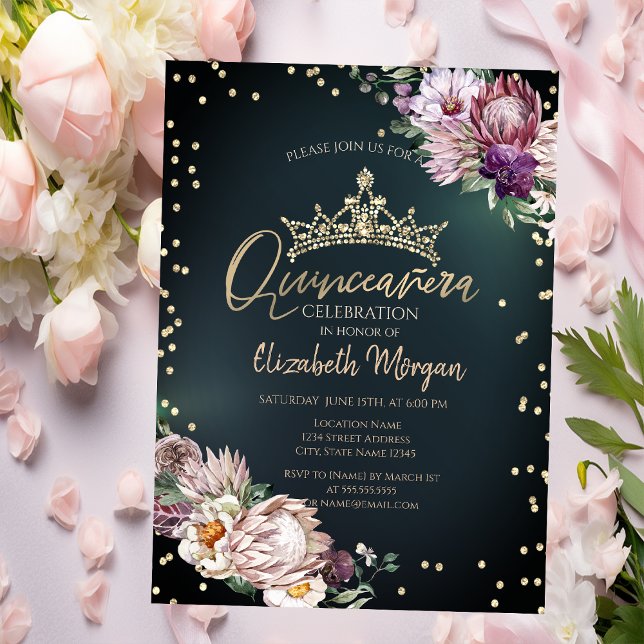 Invitación Flores tropicales Tiara Diamonds Green Quinceañera (Subido por el creador)