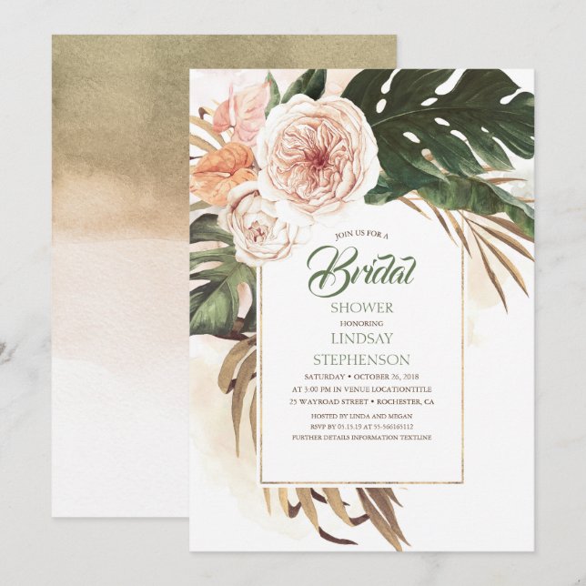 Invitación Flores tropicales y ducha de novia con hojas de pa (Anverso / Reverso)