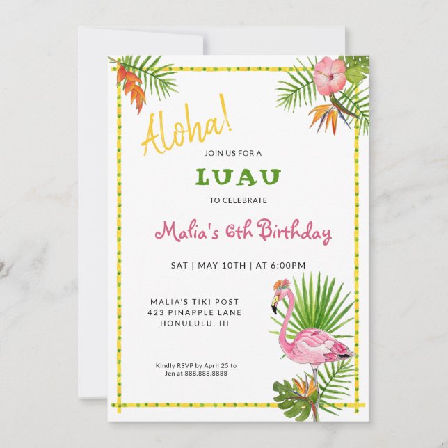 Invitación Flores tropicales y flamencos Cumpleaños Luau (Anverso)