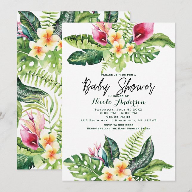Invitación Flores tropicales y hojas Baby Shower floral (Anverso / Reverso)