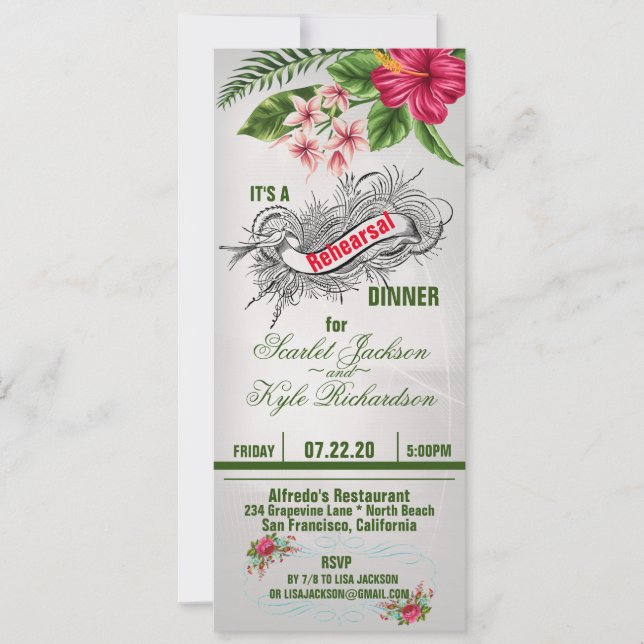 Invitación Flores tropicales y hojas Boda Cena de ensayo (Anverso)
