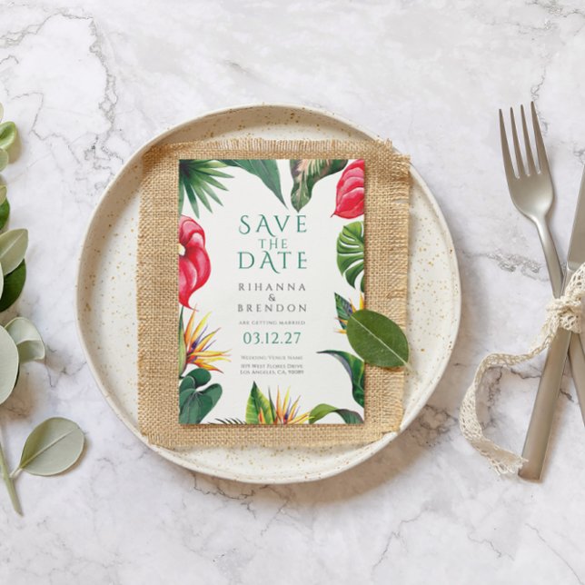 Invitación Flores tropicales y hojas Bodas Salven la fecha (Subido por el creador)