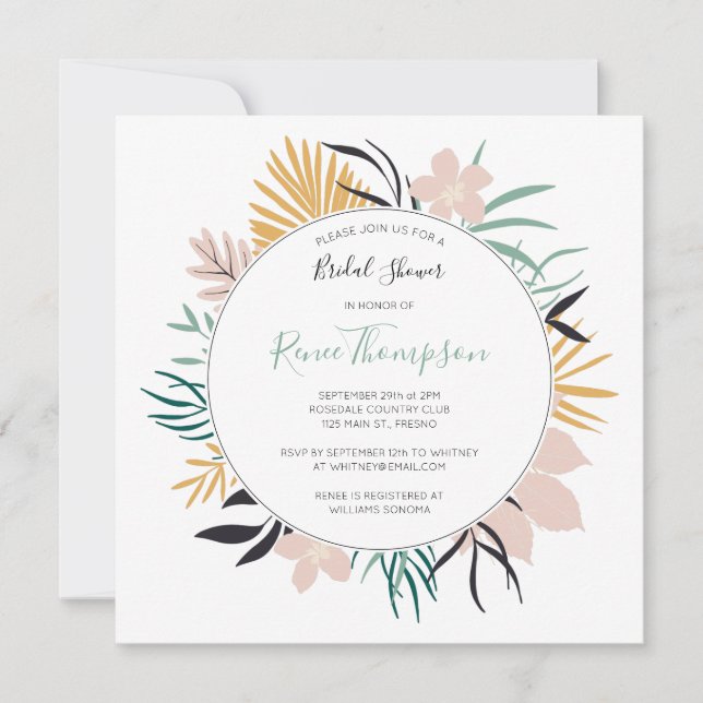 Invitación Flores tropicales y hojas duchas de novias (Anverso)