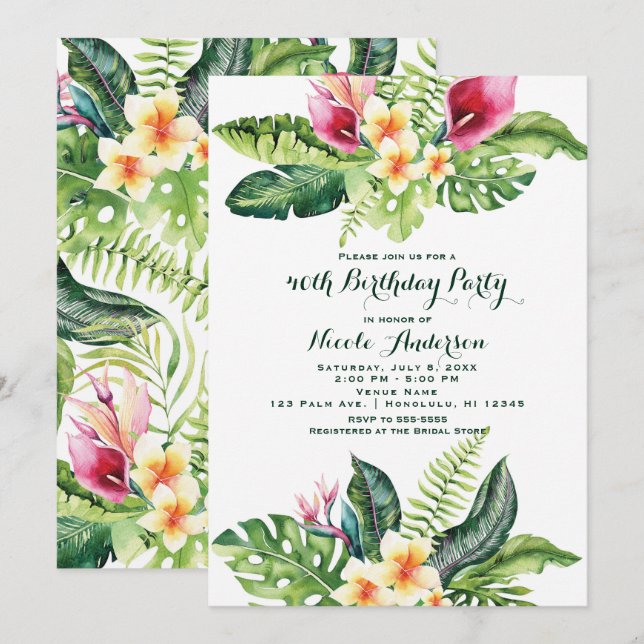 Invitación Flores tropicales y hojas fiesta de cumpleaños flo (Anverso / Reverso)