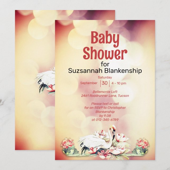 Invitación Flores tropicales y Personalizado de flamenco Baby (Anverso / Reverso)