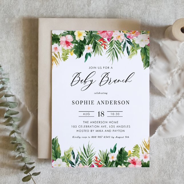 Invitación Flores tropicales y vegetación Brunch de verano pa (Watercolor Tropical Flowers and Greenery Summer Baby Brunch Invitation)