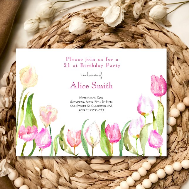 Invitación Flores tulipanes jardín acuarela cumpleaños (Subido por el creador)