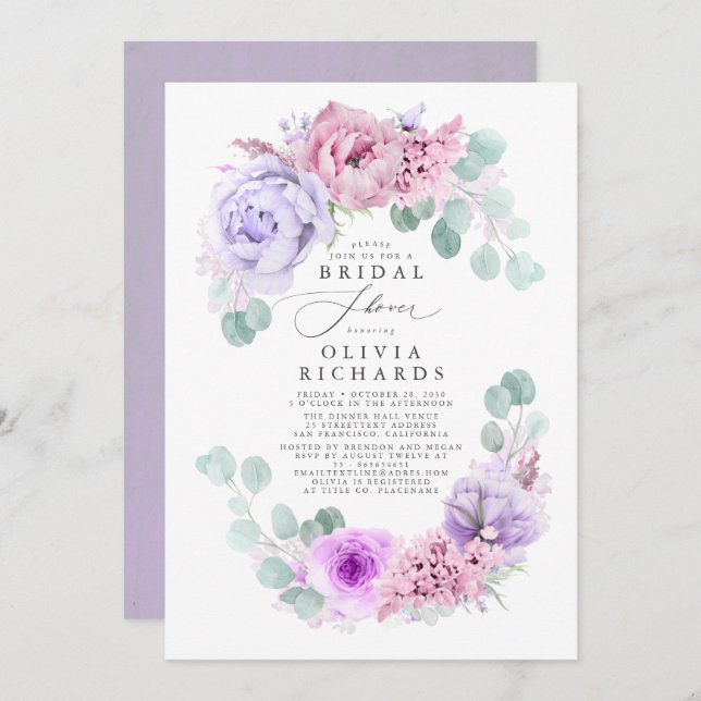 Invitación Flores turbias moradas elegantes duchas suaves de  (Anverso / Reverso)