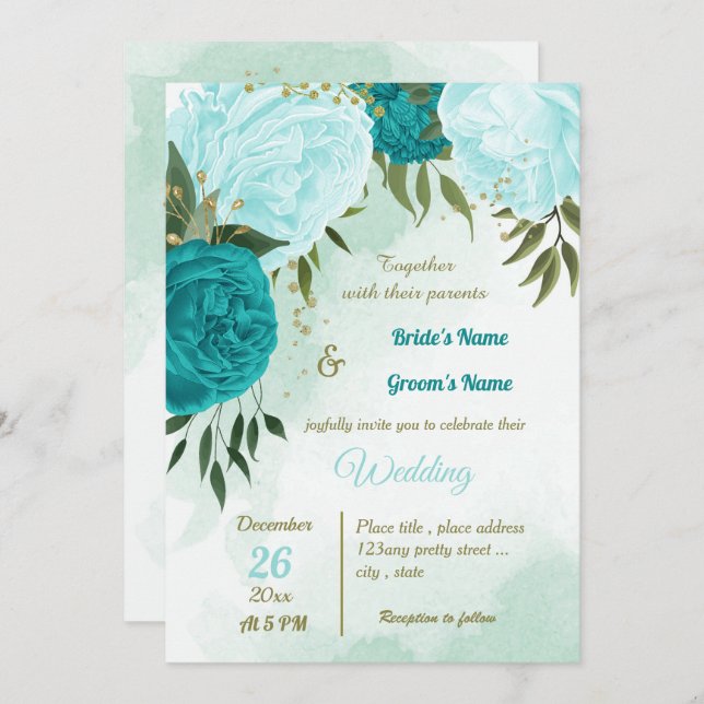 Invitación flores turquesa hojas verdes boda (Anverso / Reverso)