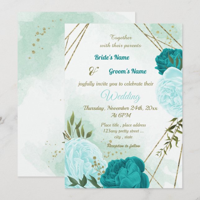Invitación flores turquesa hojas verdes boda (Anverso / Reverso)