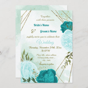 Invitación flores turquesa hojas verdes boda